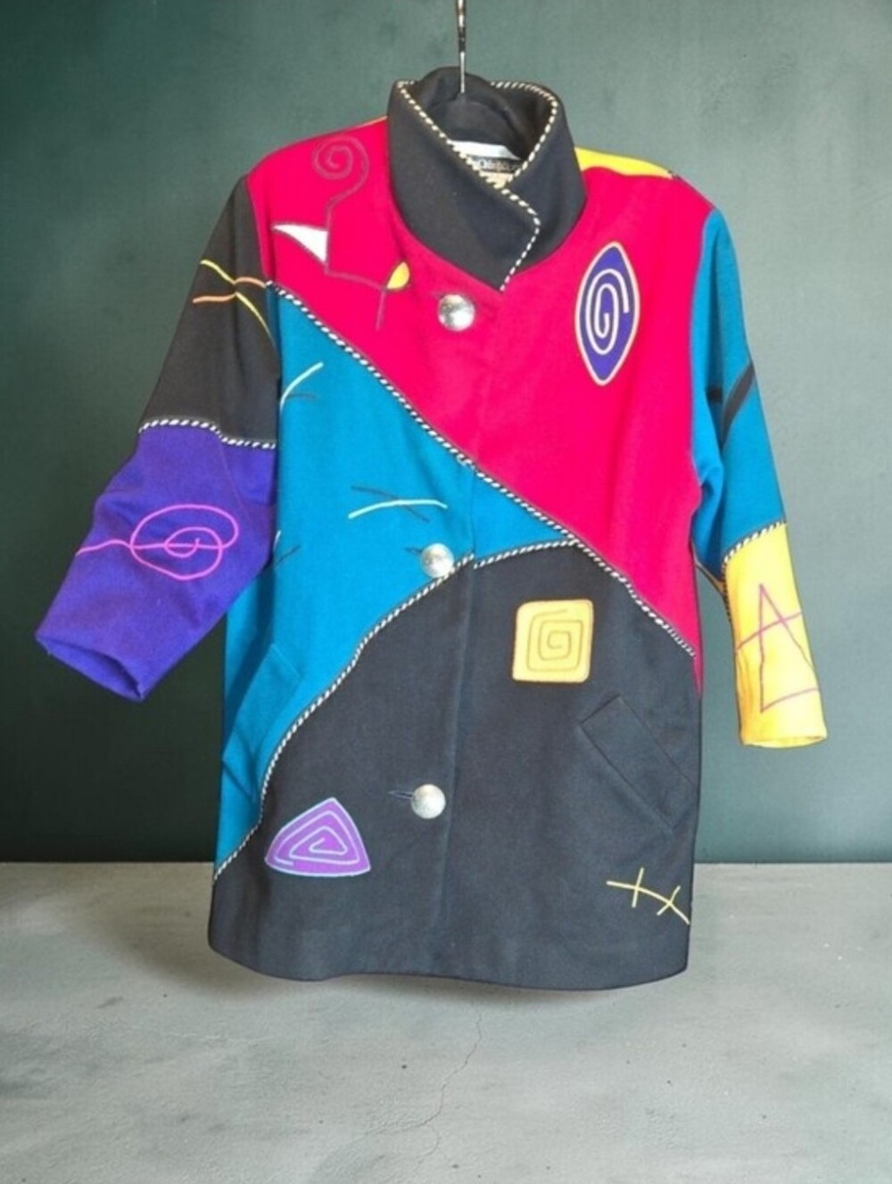 Vintage Marylou Ozbolt Storer Wearable Art Wool Jacket Black Geometric Sitching - Picture 16 of 16
